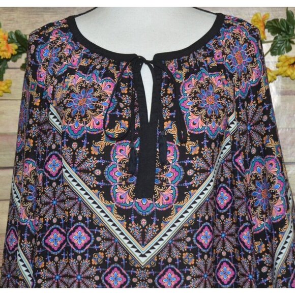 Daniel Rainn Chiffon Blouse Top Size XL Tie & Tassels Colorful Floral & Black - Picture 2 of 12